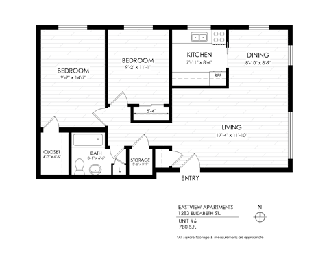 Floor plan for 2 beds, 1 bath, 780 sqft